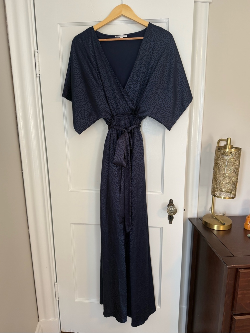 Baltic Born Navy Kimono-Style Leopard Jacquard Robe with Waist Tie